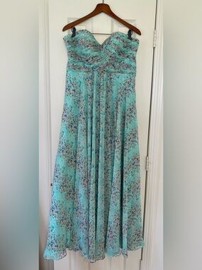 Allure Bridals Strapless Aqua Floral Chiffon Gown